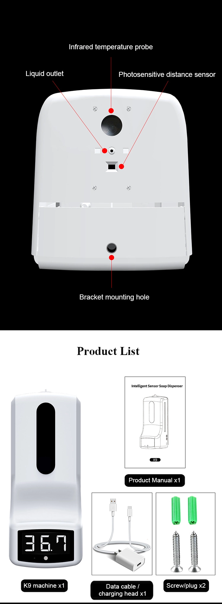 300ml Automatic Temperature Measurement Monitoring Soap Dispenser with Temperature Sensor with Floor Stand