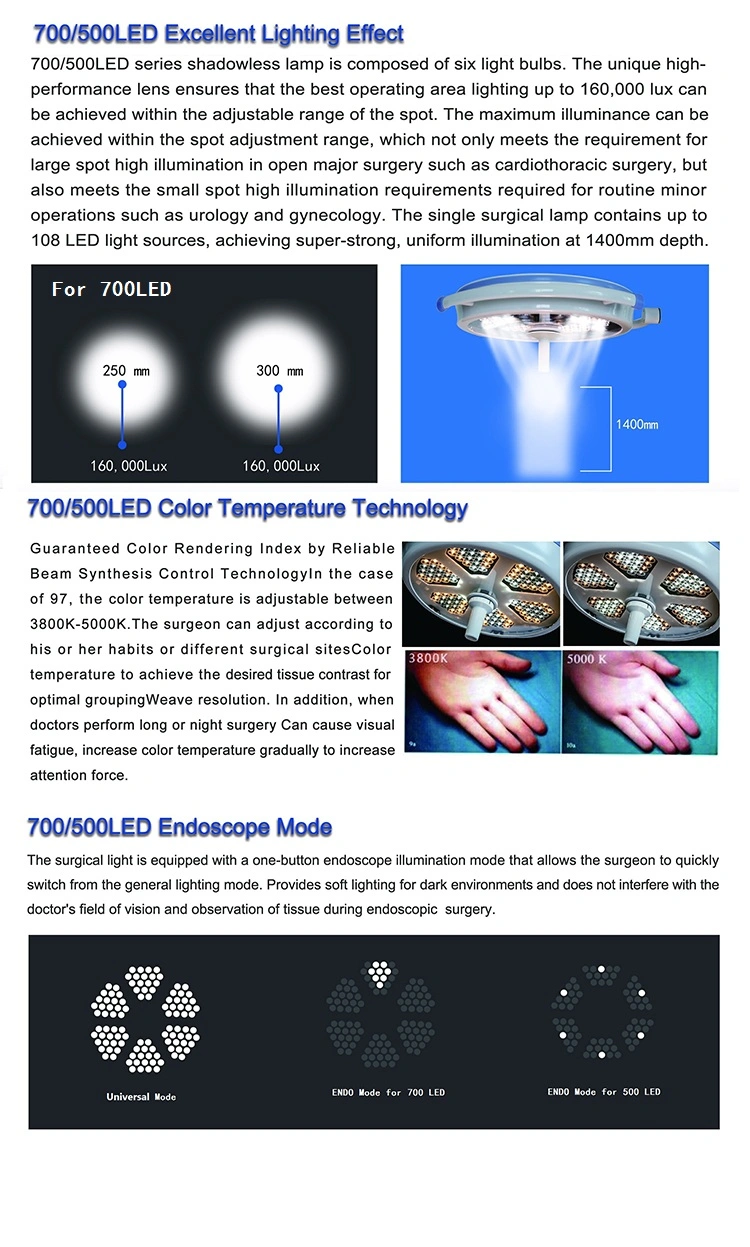 160000 Lux Surgical Equipment Double Dome LED Ceiling Light Shadowless Medical Lamp (700500 LED)