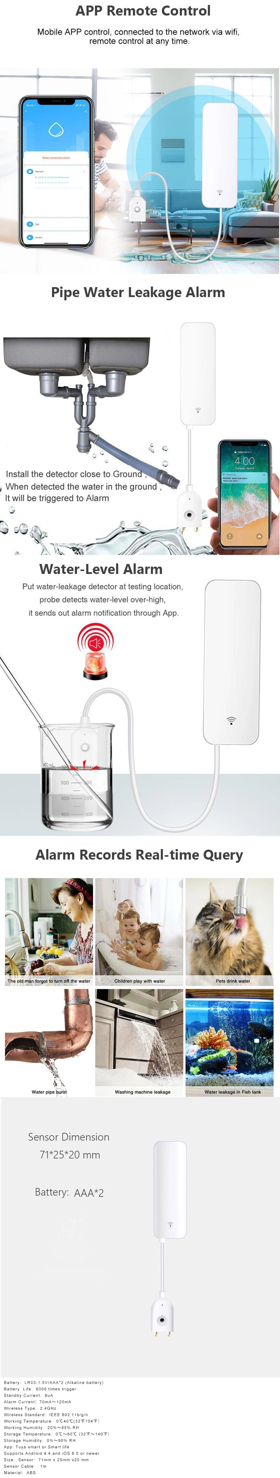 Tuya WiFi Water Immersion Sensor Smart Home Mobile Phone Remote Alarm Water Leak and Overflow Sensor