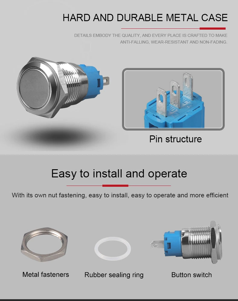 LED Stainless Steel Metal Push Button Switch Power Symbol 12V 24V 110V 220V