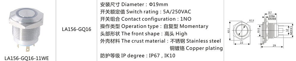 19mm Pin Type Momentary Stainless Steel Push Button Switch