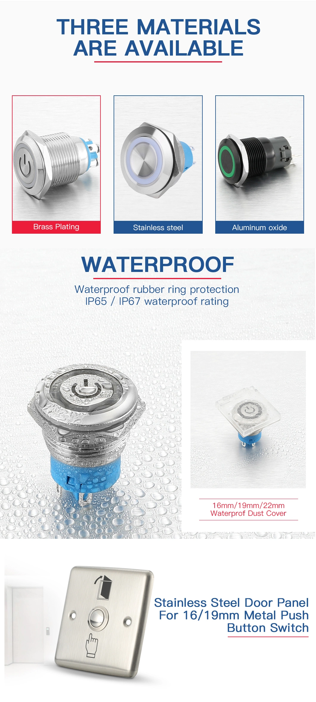 16mm Waterproof 12 Volt Blue LED Illuminated Latching Button Switch