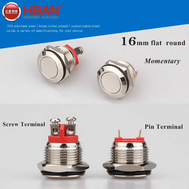 16mm Flat Head Pin Terminal 1no Momentary Metal Push Button Switch