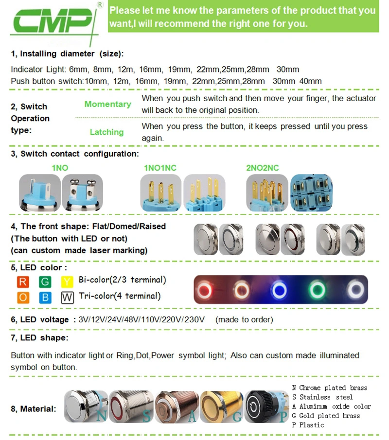 Metal Waterproof 22mm LED Illuminated Latching 6 Pin Push Button Switch