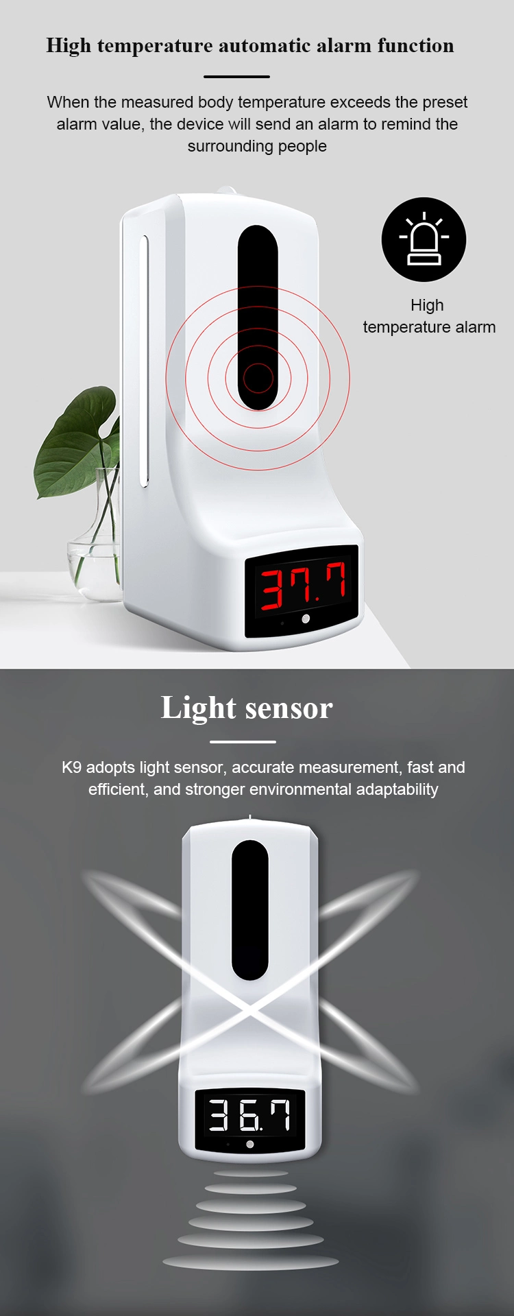 Factory Sale and Suppoet OEM Automatic Sensor Temperature Measurement Hand K9 Thermometer Automatic Soap Dispenser