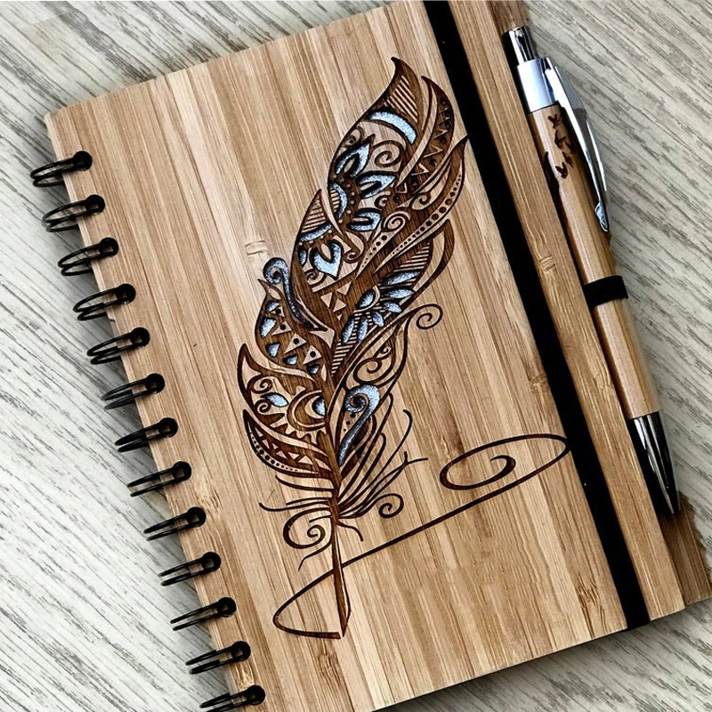 Feather Design Eco-Friendly Bamboo Notebook Personalised Stationery Hot Promotion Gift