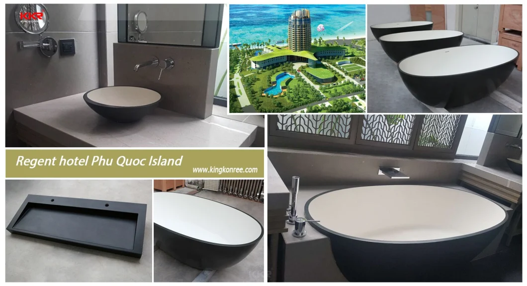 Customized Available Solid Surface Black Stone Free Standing Square Bathtub