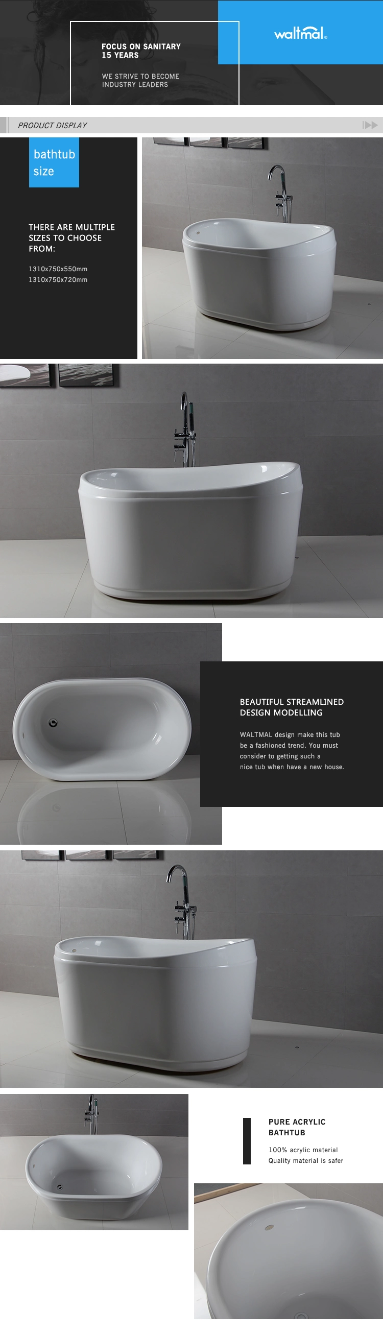 Waltmal Contemporary Soaking Tub Small Freestanding Bathtub