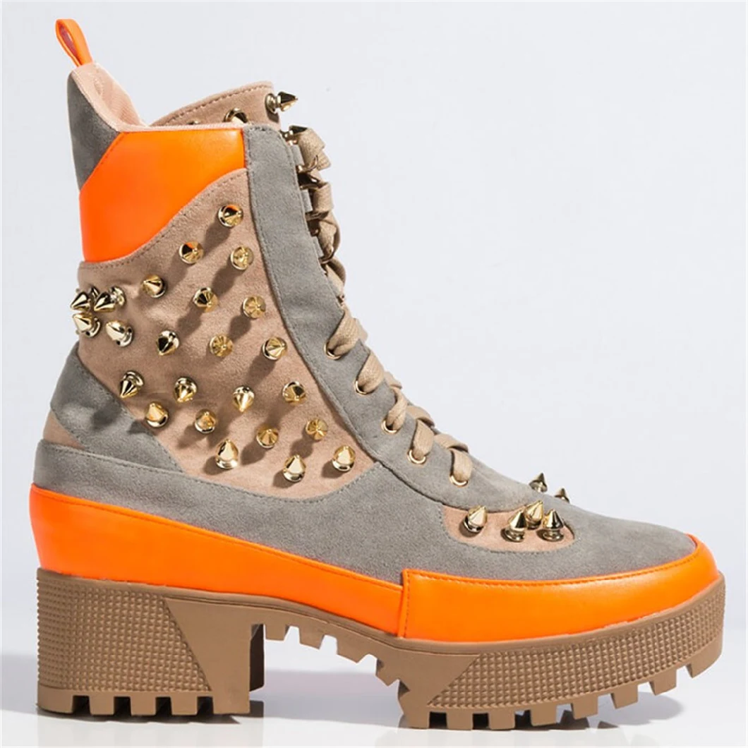 Fashion Spikes Studs Ladies Chunky High Heel Platform Desert Boots for Women