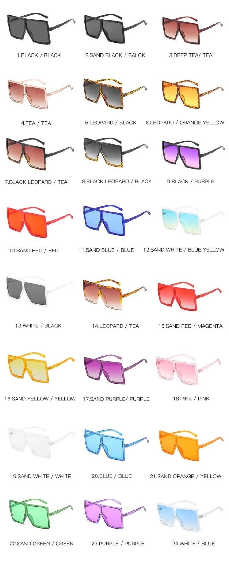 2021 Plastic Big Square Frame Oversized Colorful Custom Fashion Sunglasses