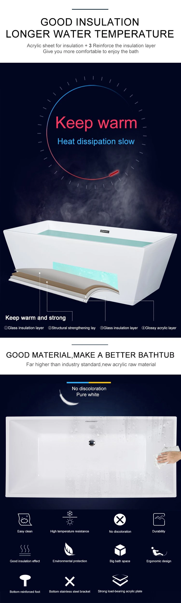 67 Inch Double Slipper Shape Acrylic Double Ended Freestanding Bath Tub
