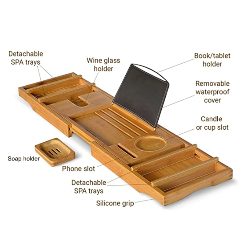 Hot Sale Bamboo Water-Resistant Bathtub Caddy Tray with Soap Holder