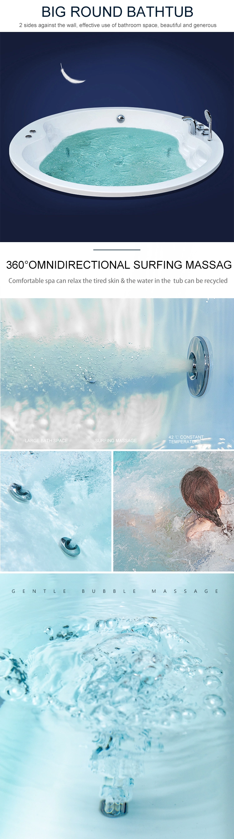 Round Drop in Jacuzzi Whirlpool Bathtub, Modern Massage Bathtub
