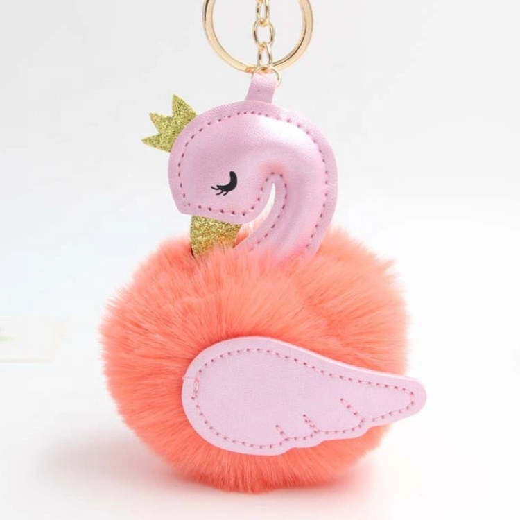 Cute Pompons Swan Keychains for Woman Car Bag Keyring Fluffy Rabbit Fur Ball Flamingo Keyholder Trinkets Pendant Jewelry Gift