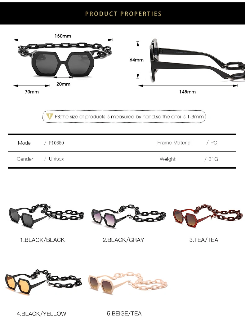 2020 Hot Selling Big Oversize Chain Necklace Fashionable Square Plastic Women Sunglasses