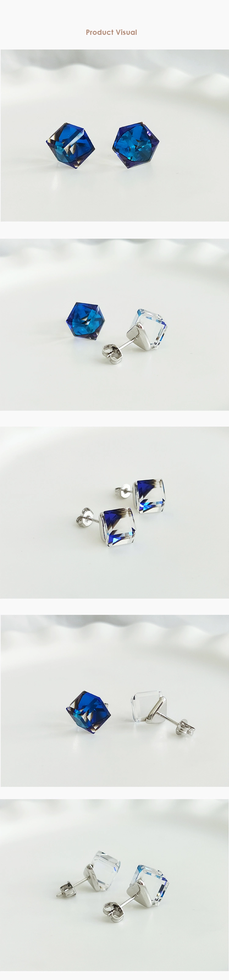 Hypoallergenic 18K Gold Plated Brass Jewelry Classic Cube Blue Crystal Stud Earrings for Women
