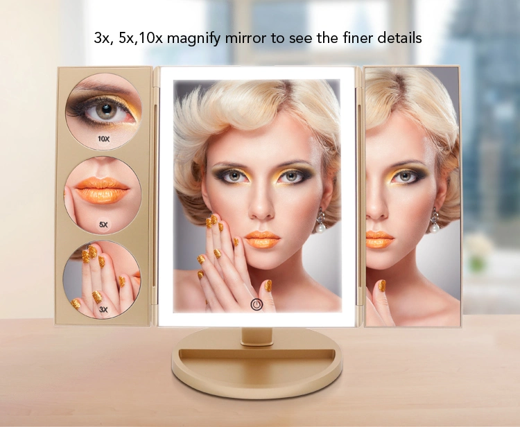 Vanity 3 Sided Magnifying Tri Fold Folding Gold Rose Mirror