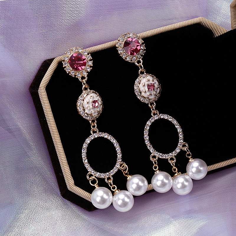 Fashion S 925 Sliver Plated Zircon Sweet Hoop Hollow out Pearl Long Earrings