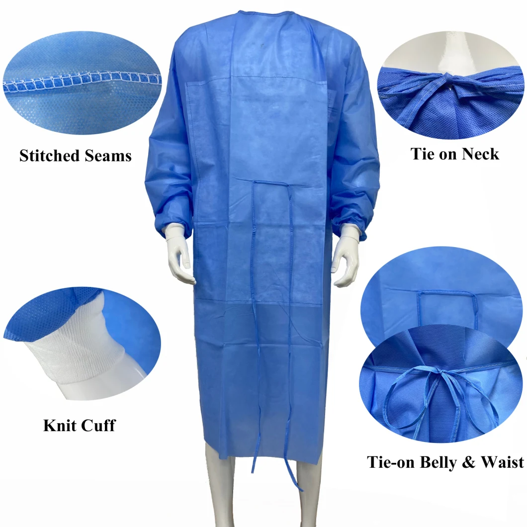 Disposable Hospital Medical Gown SMS Surgical Gown with Knitted Cuff or Elastic Cuff