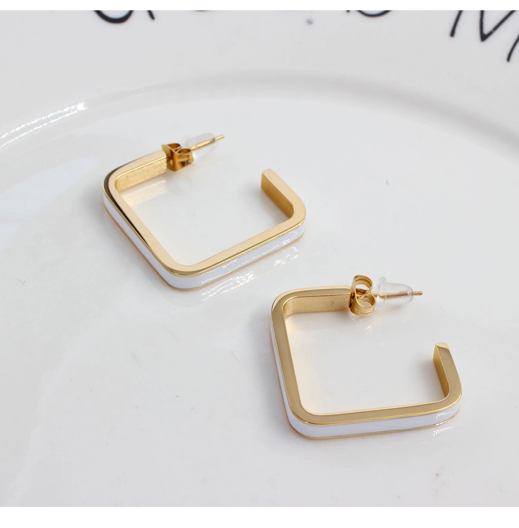 New Arrival Costume Fashion Simple Metal Geometric Earring Gold Plated with Enamel Stripe Square Shape Earrings