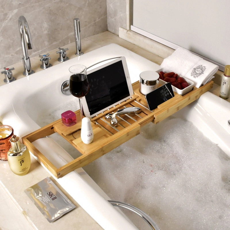Pink High Quality Extendable Bamboo Bathtub Caddy Tray with Soap Dish Towel Holder