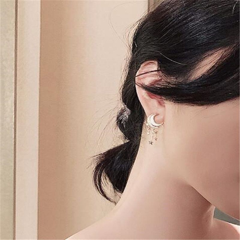 Fashion Star Moon Crystal Drop Earrings Geometric Tassel Gold Earrings Wedding Banquet Women's Jewelry