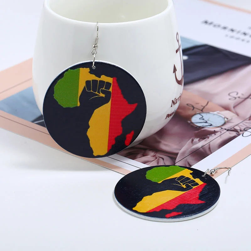2020 Women Gift African Printed Wooden Power Fist Earrings Afro History Figure Names Wood Earring for Black