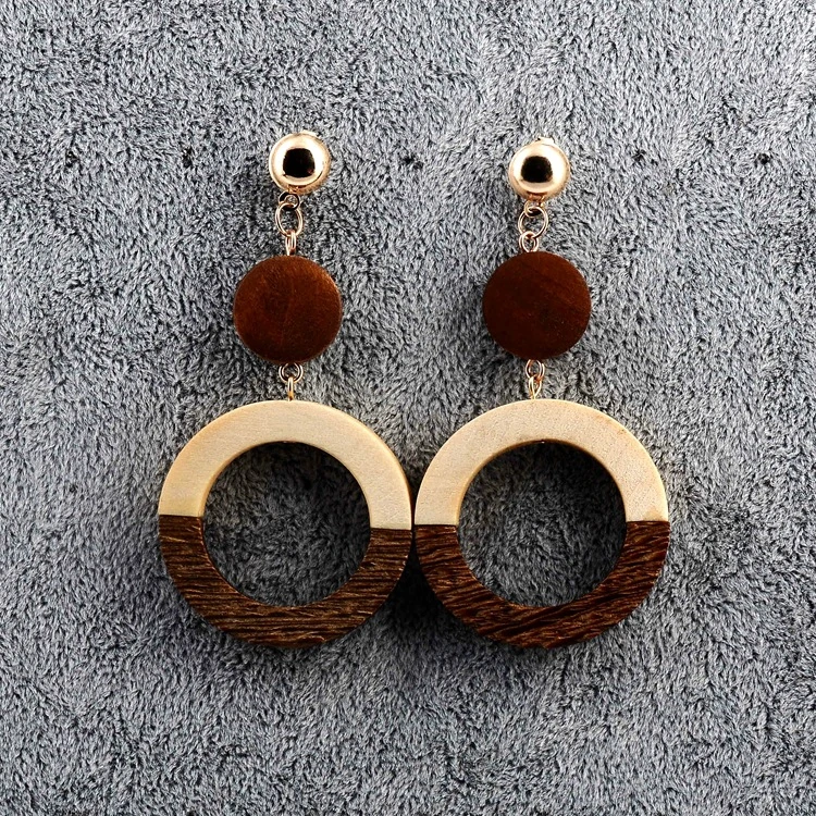 Vintage Wood Wood Earrings Rectangular Geometric Round Color Stud Earrings (ESG11640)