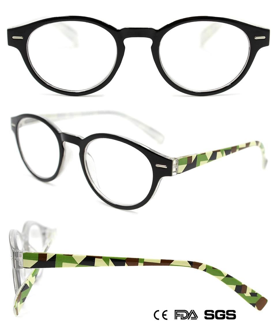 Hot Selling Plastic Cheap Oval Full Frame Reading Glasses with Pattern (WRP806049)