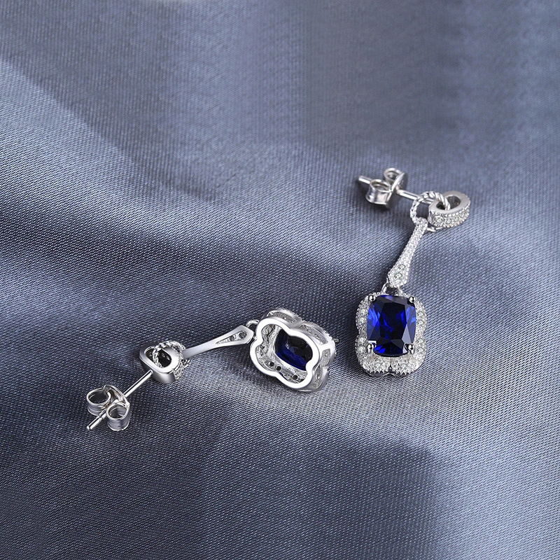 Created Blue Sapphire Drop Dangle Earrings Elegant Rectangle 925 Sterling Silver Jewelry