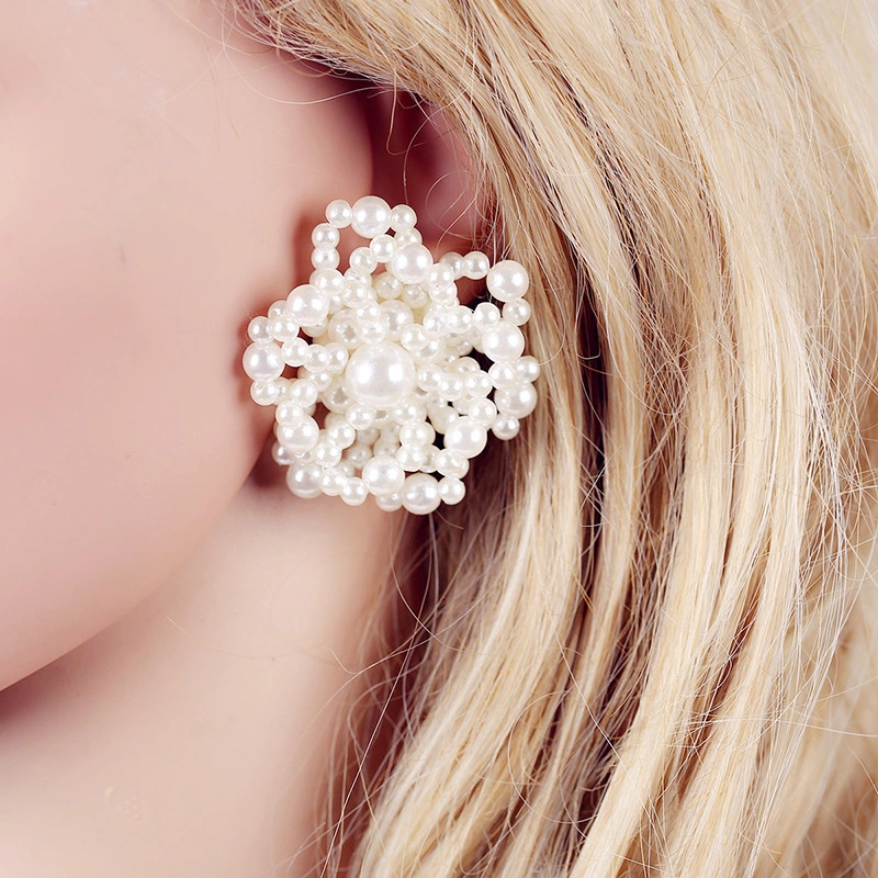 2018 Elegant Imitation Pearl Big Flower Shape Ear Stud Earrings for Women Party Girls