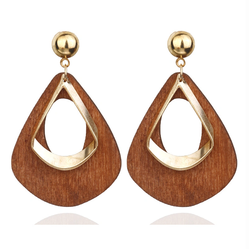 Fashion Simple Jewelry for Women Wild Hollow Water Drop with Wood Stud Earrings