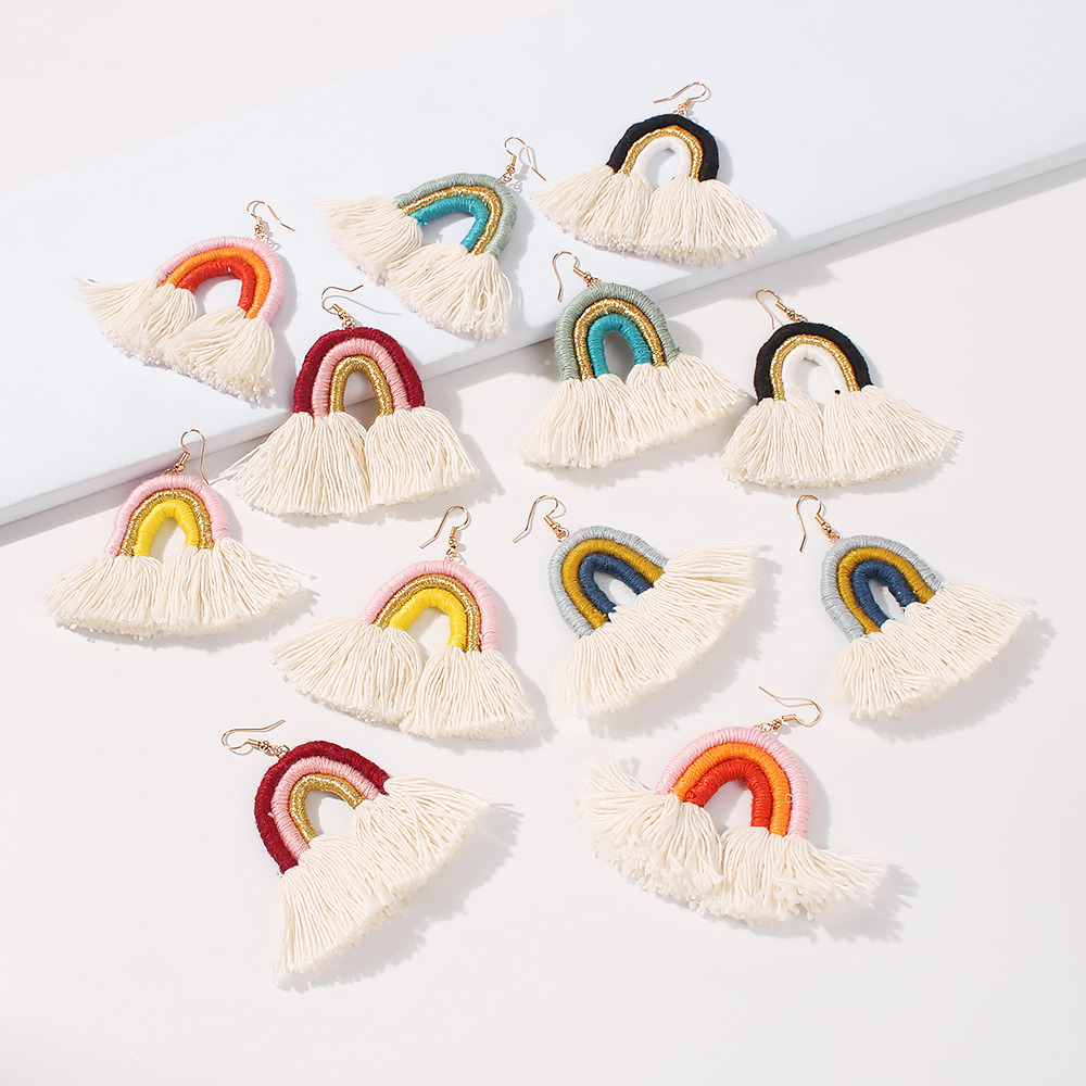 Ethnic Style Tassel Earrings Women Retro Bohemian Rainbow Alloy Woven Earrings