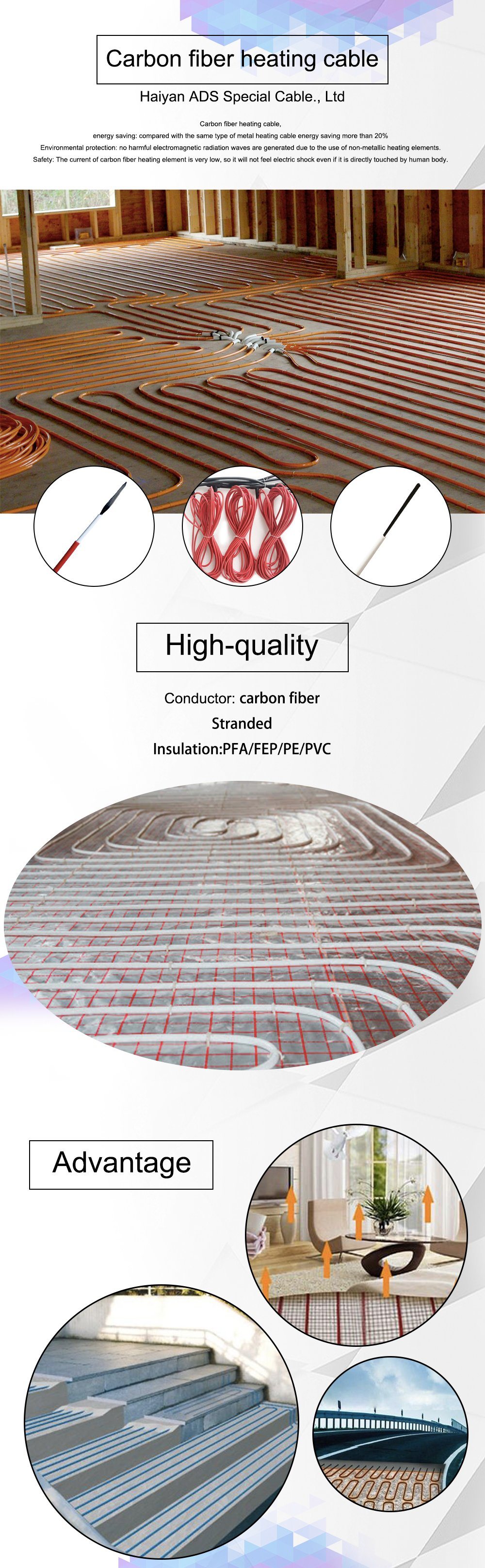 12K FEP Insulated Carbon Fiber Heating Cable for Underfloor Heating