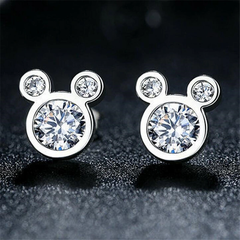 Dazzling Mickey Stud Earrings for Women Pink Zircon/ Clear Zircon Brincos Jewelry Bijoux