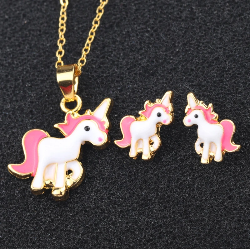 Fashion Plated Gold Unicorn Pendant Earrings Necklace Jewelry Set
