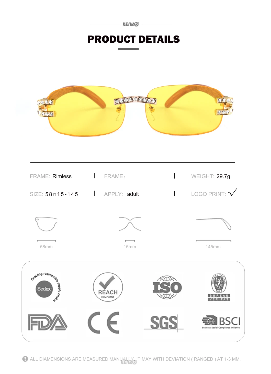 Kenbo Eyewear 2021 Fashion Women Vintage Diamond Small Rimless Rectangle Sunglasses