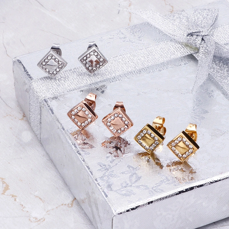Geometric Square Rectangular Diamond-Set Gold-Plated Stainless Steel Earrings Stud