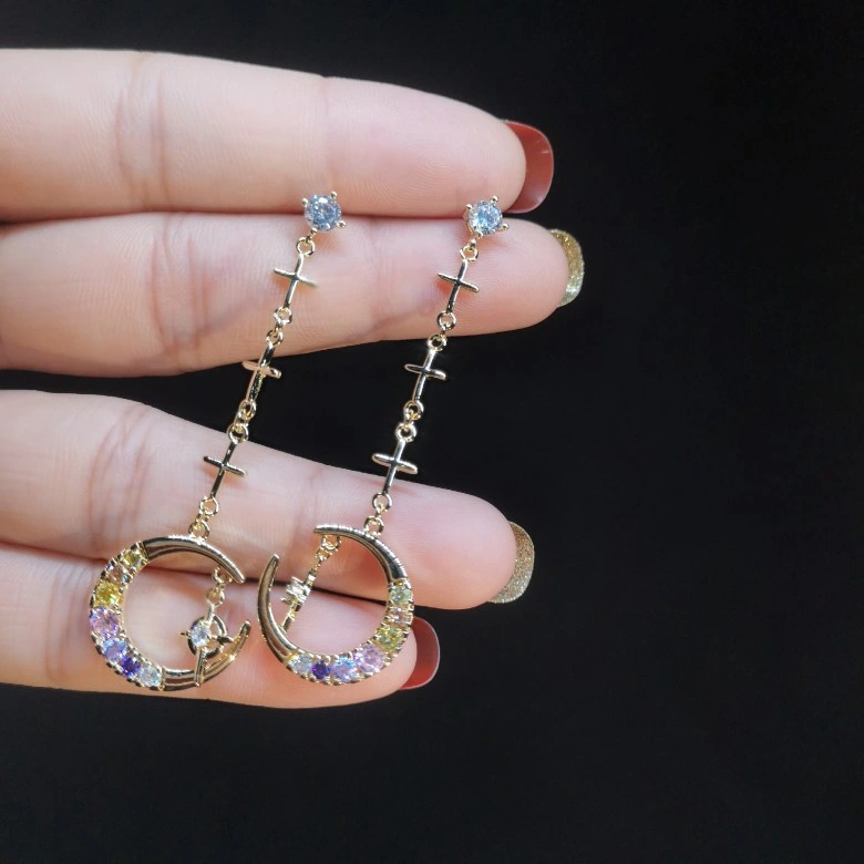 Fashion Jewelry Wholesale 18K Gold Plated Jewelry Cross Earring Crescent Moon Tassel Earrings Earrings for Women