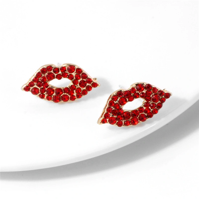 Hot Selling Sexy Kiss Lip Shape Stud Earring Diamond Fashion Shiny Red Mouth Earring