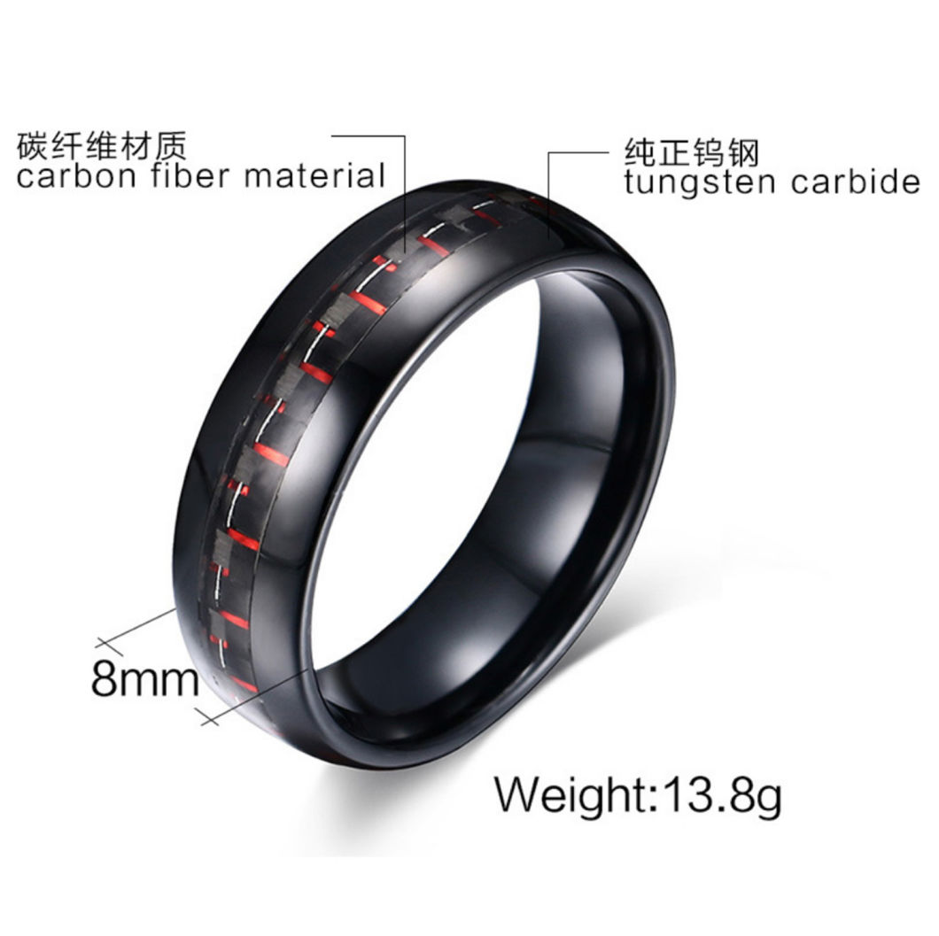 Fashion Jewelry High Quality Carbon Fiber 8mm Red and Black Carbon Fiber Tungsten Ring Tst8131