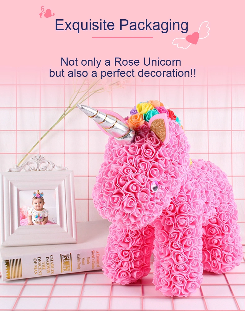 New 2020 Rose Unicorn Foam Unicorn with PE Flower Rose Artificial Unicorn Girl Valentine Gift 40cm