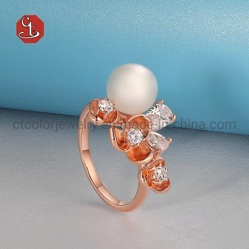 Elegant Fashion Jewelry 18k Rose Gold Plated Silver&Brass Flowers and pearls Rings