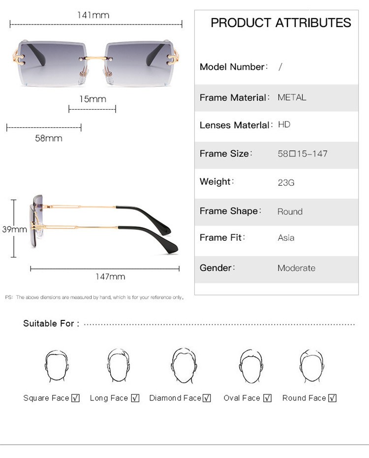 2021 Rimless Soft Silicone Nose Pad UV400 PC Square Gradient Metal Frame Unique Design Sun Glasses