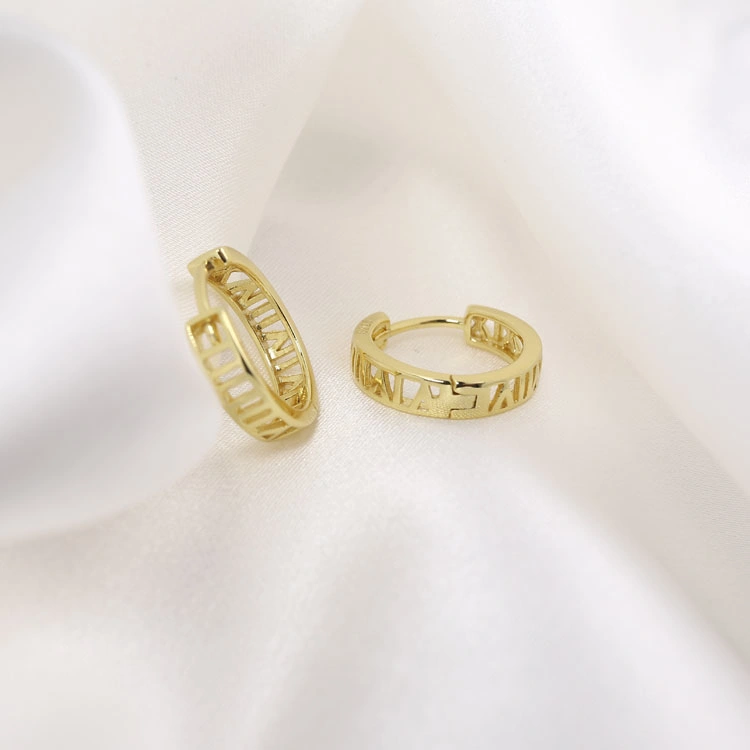 Vintage 925 Sterling Silver Earring Gold Huggie Earrings Design Gold Plated Custom Women Fashion Roman Numerals Hoop Earrings
