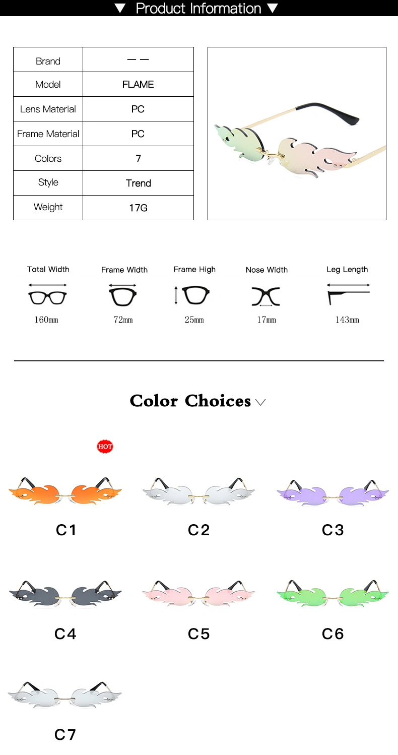 2020 Ready Stock Online Hot Sale Fashion Rimless Metal Flames Sunglasses for Women