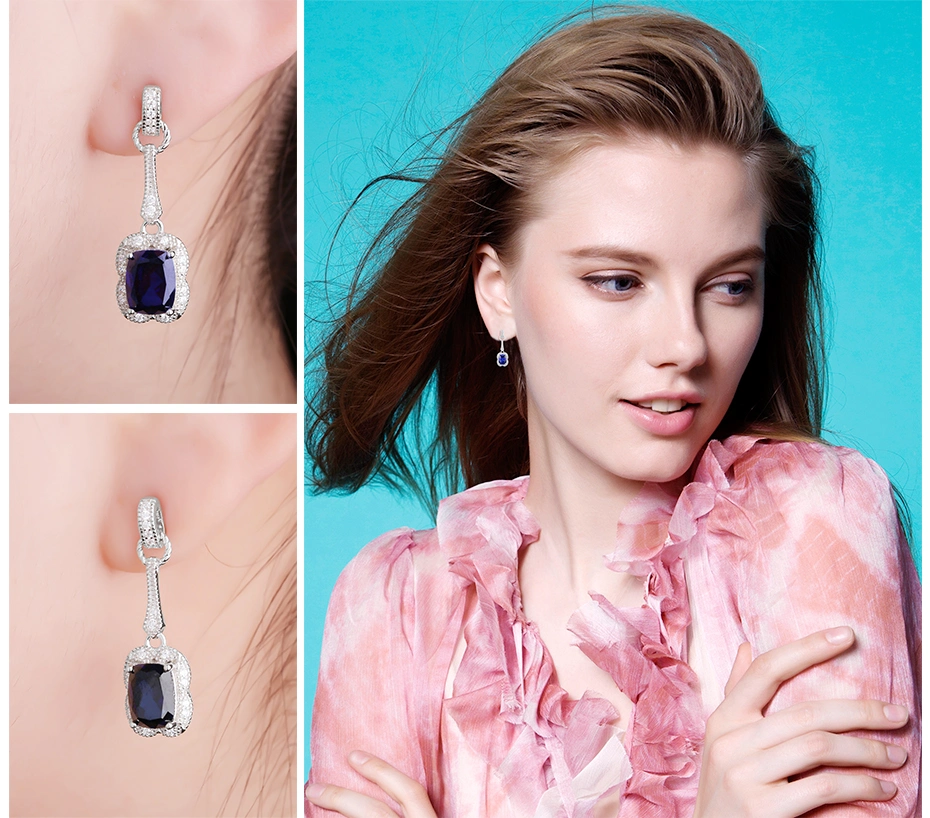 Created Blue Sapphire Drop Dangle Earrings Elegant Rectangle 925 Sterling Silver Jewelry