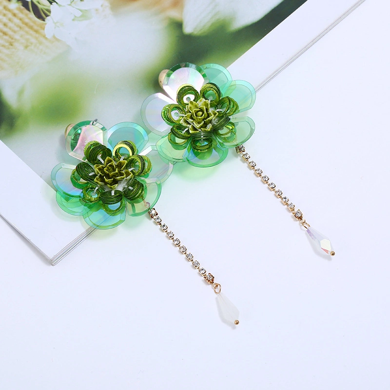 New Style Flower Sequins Tassel Long Paragraph Seaside Wind Earrings Sweet Earrings