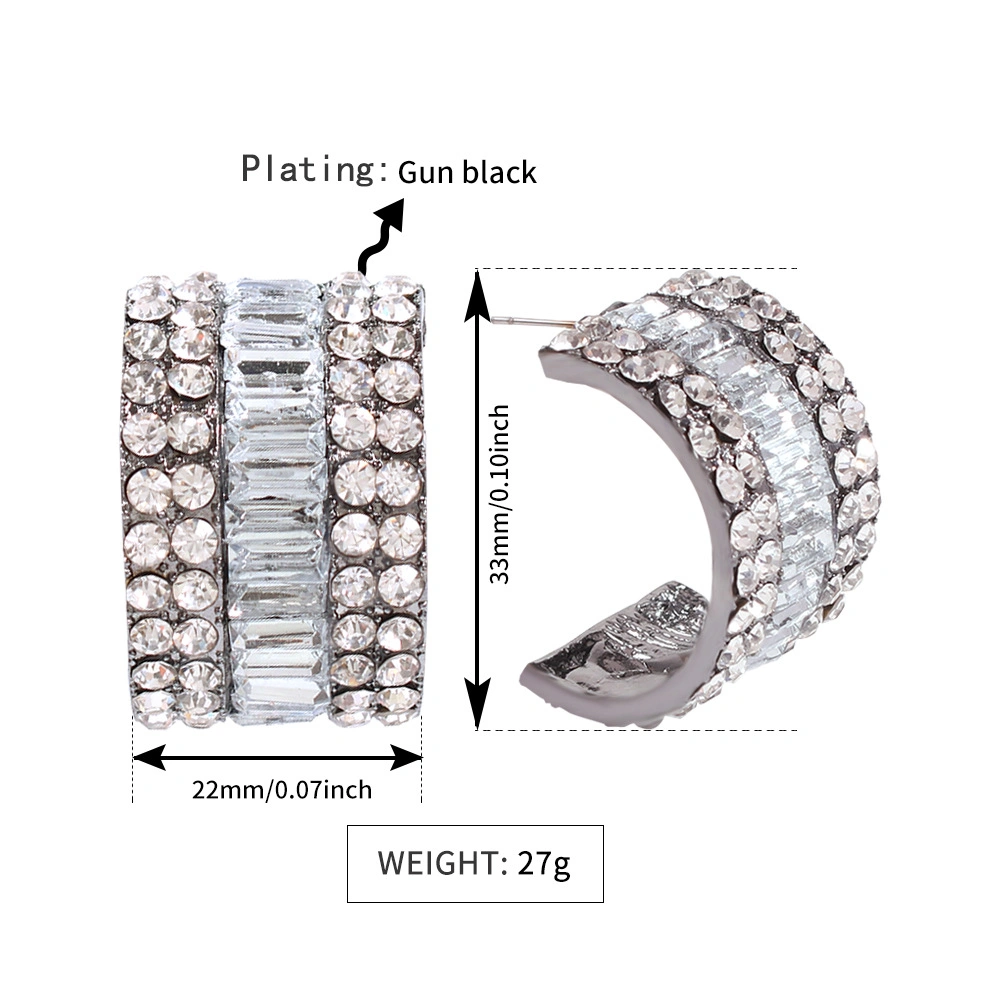 Gold Plated Geometric C Fashion Earrings Stud with Double Row Diamond