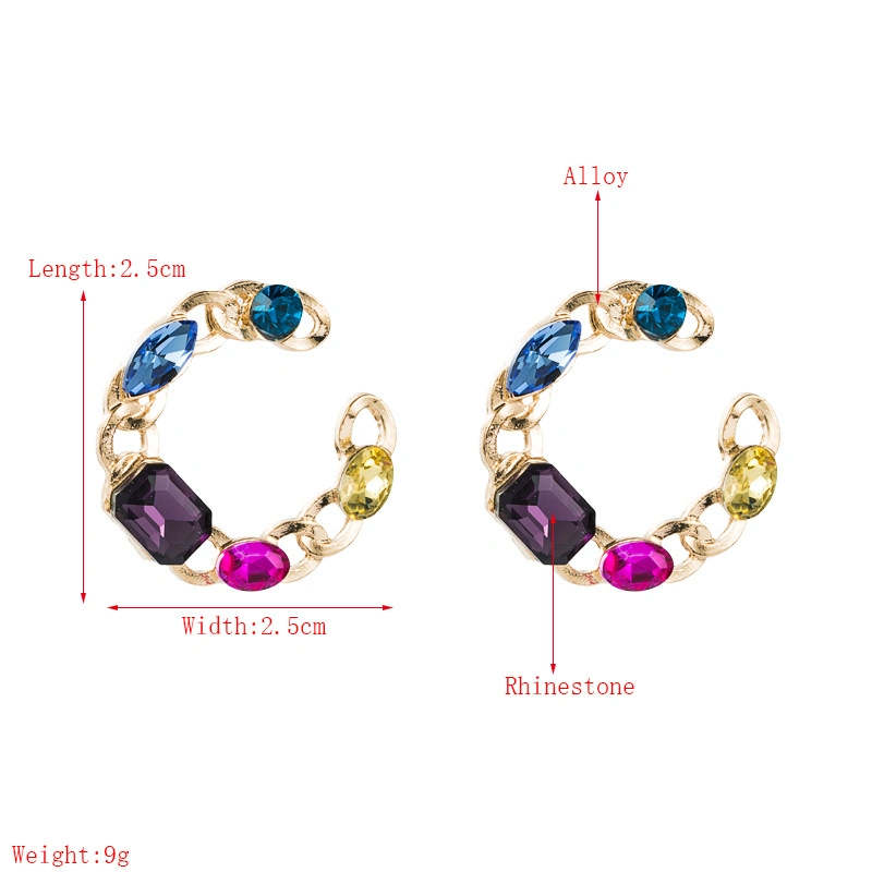 Retro Simple Geometric C-Shaped Alloy Chain Color Diamond Earrings